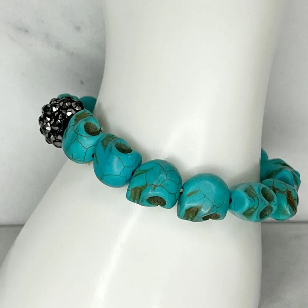 Faux Turquoise Skull Rhinestone Beaded Stretch Bracelet